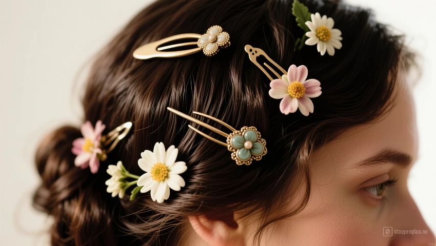 Close-up van haar met haarspelden en bloemen.