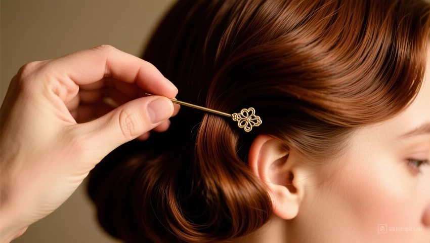 Hand plaatst haarspeld in side swept kapsel.