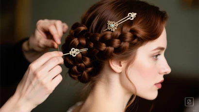 Vrouw bouwt complex gevlochten updo kapsel op.