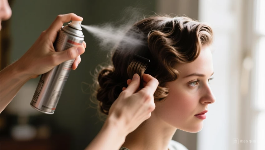 Vrouw sprayt haarspray op haar afgewerkte vintage kapsel.