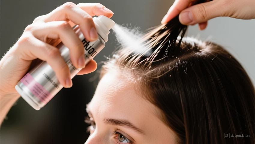 Vrouw brengt volumizing mousse aan op de haarwortels.