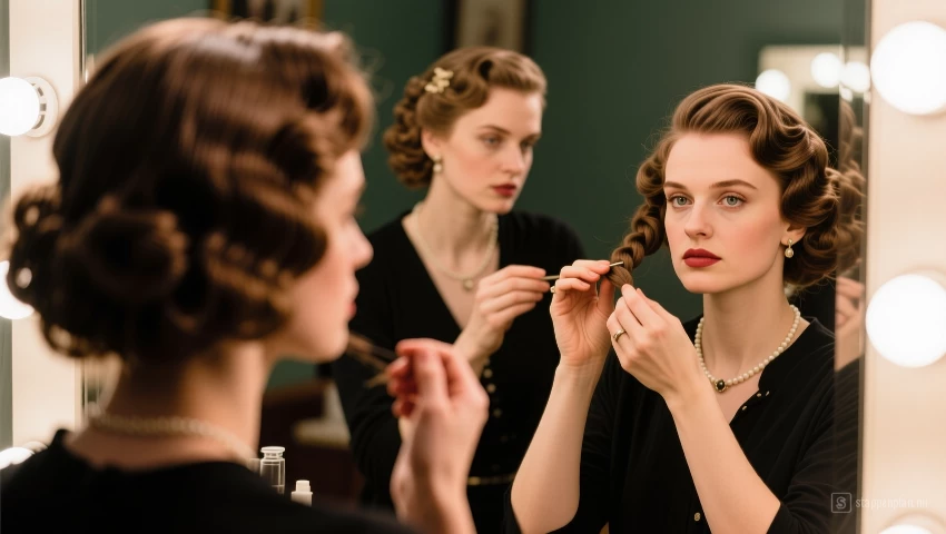 Vrouw controleert haar afgewerkte vintage kapsel in een spiegel.