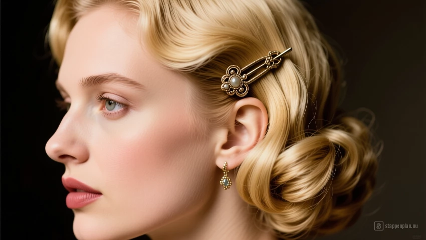 Vrouw met platina-blond haar die vintage haarspelden draagt.