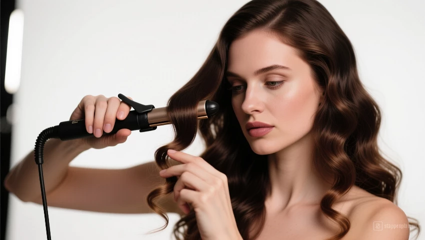 Vrouw maakt grote krullen met een krultang.