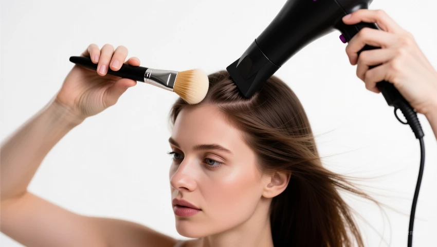 Vrouw gebruikt een ronde borstel en föhn bij de haarwortels.