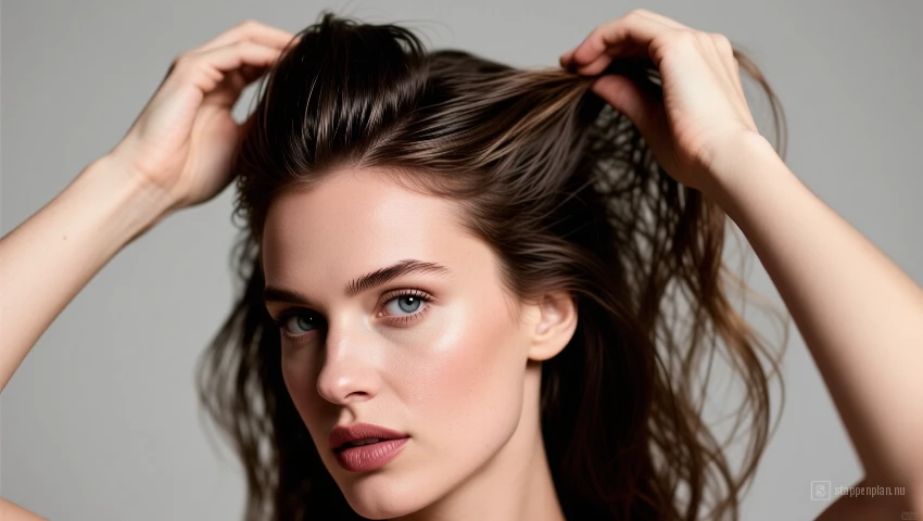 Vrouw toupeert haar haar voor volume.