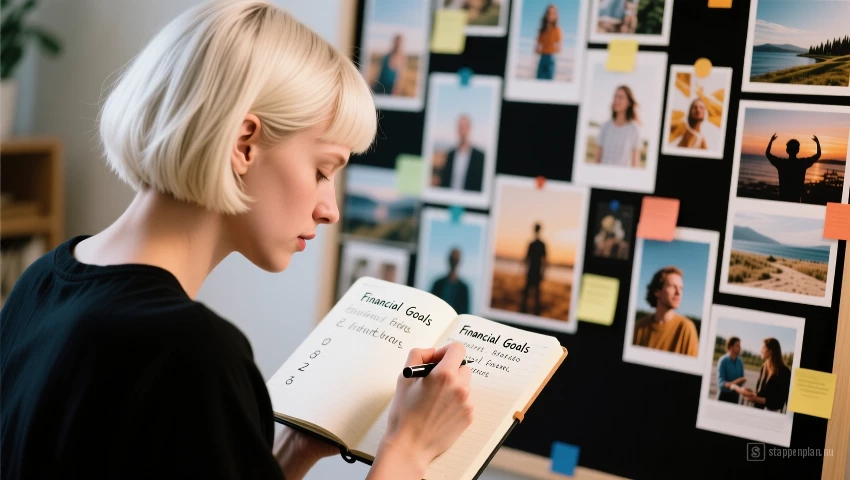 Persoon die financiële doelen noteert met een vision board.