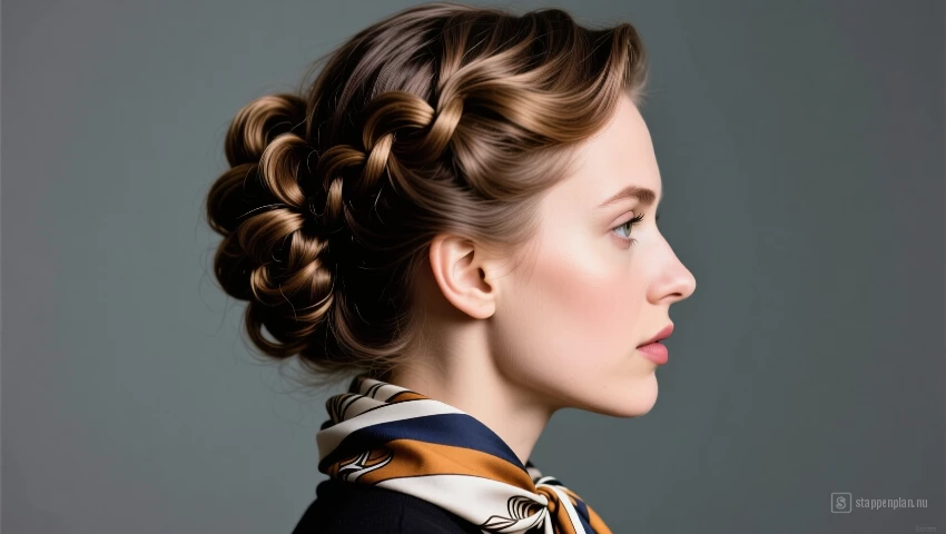 Zijaanzicht van een beehive kapsel met een sjaal.