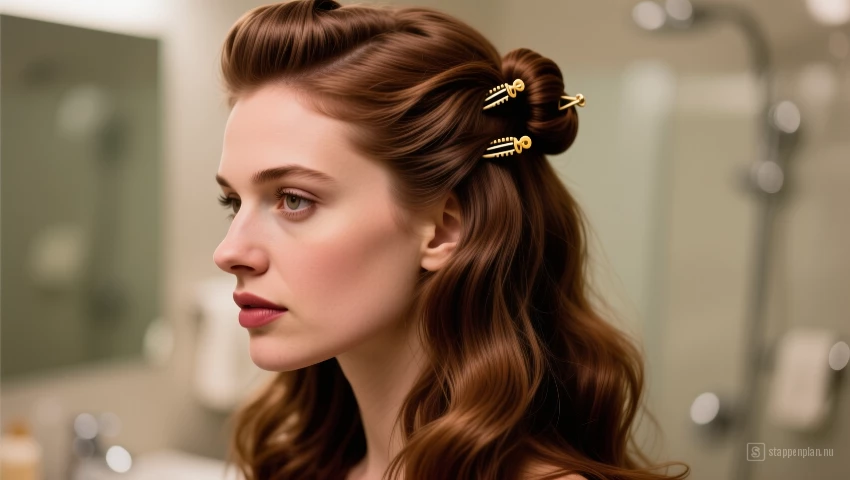 Vrouw met bruin haar, lange gelaagde kapsel, zet haar beehive vast.