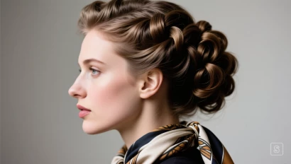 Zijaanzicht van een beehive kapsel met een sjaal.