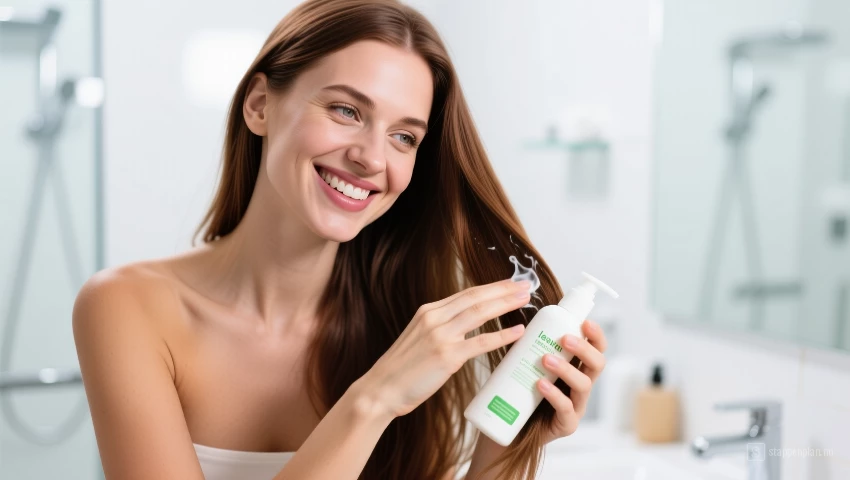 Vrouw leave-in conditioner aanbrengen