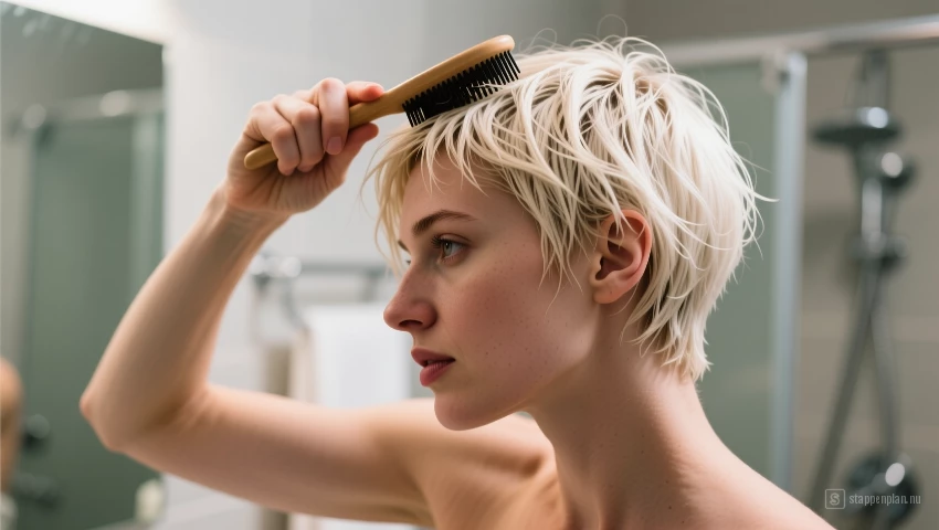 Vrouw die haar haar borstelt.