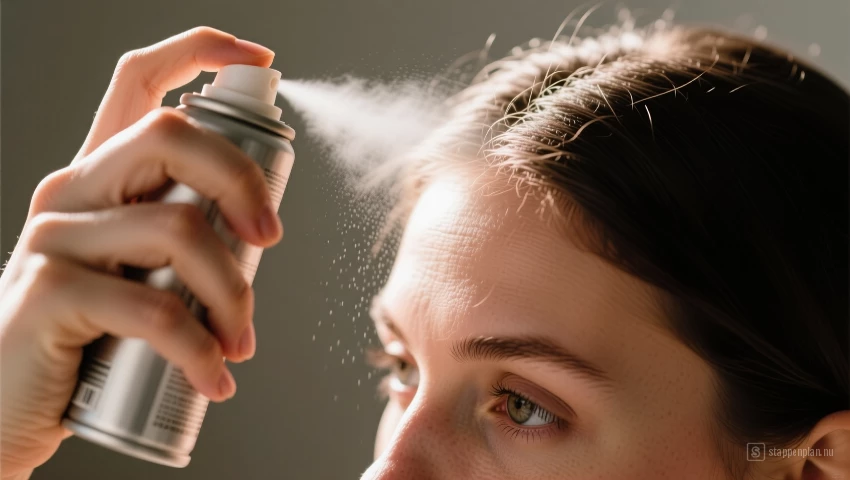 Vrouw sprayt droogshampoo op haar hoofdhuid