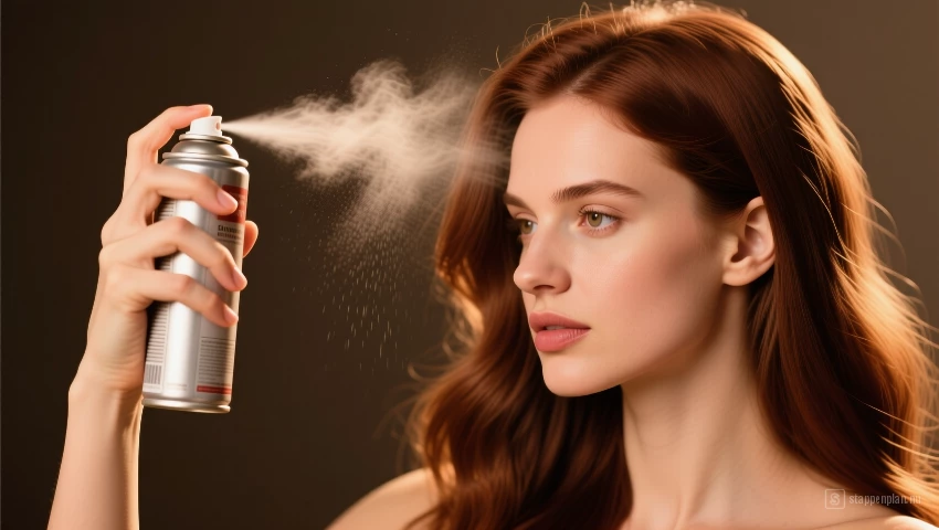 Vrouw die droogshampoo op haar haarwortels sprayt.