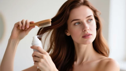 Vrouw die haar haar borstelt voor volume.