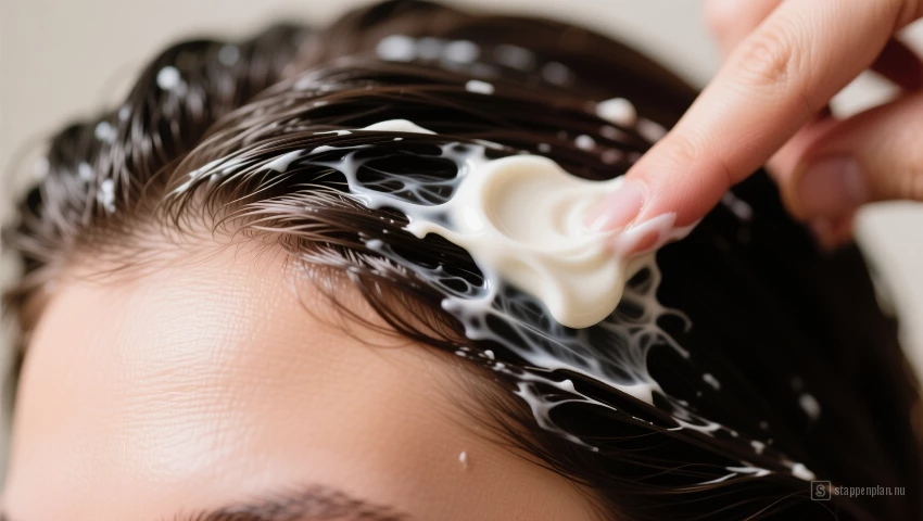 Close-up van een haarmasker dat wordt aangebracht.