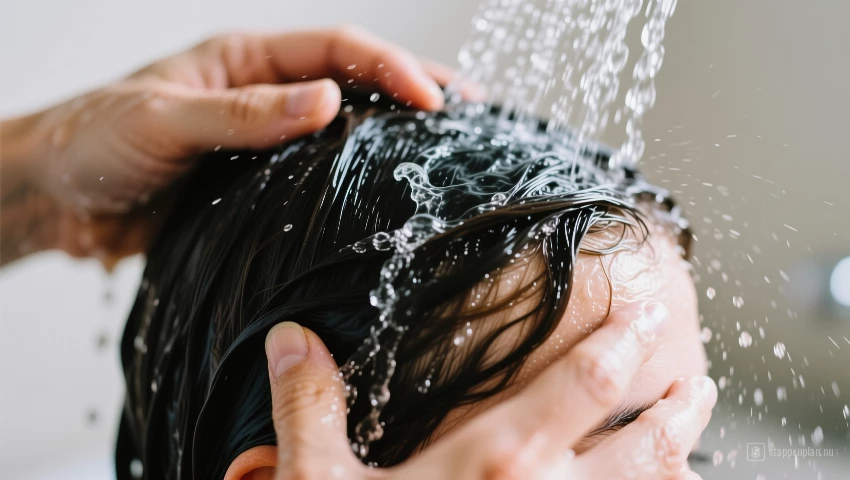 Close-up van water dat zout en chloor van het haar spoelt.