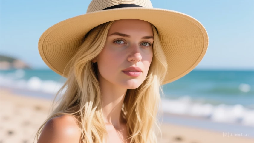 Vrouw met een hoed op het strand.