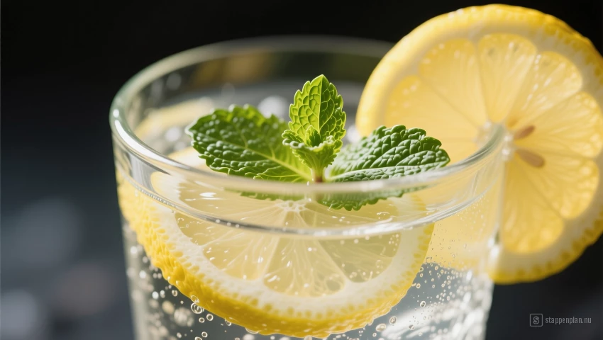 Close-up van een glas water met citroen en munt.