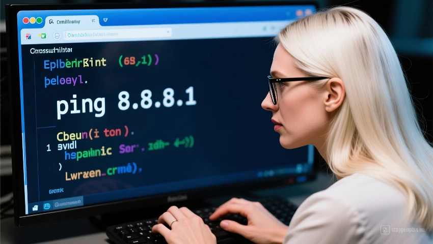 Vrouw typt 'ping 8.8.8.8' in command prompt