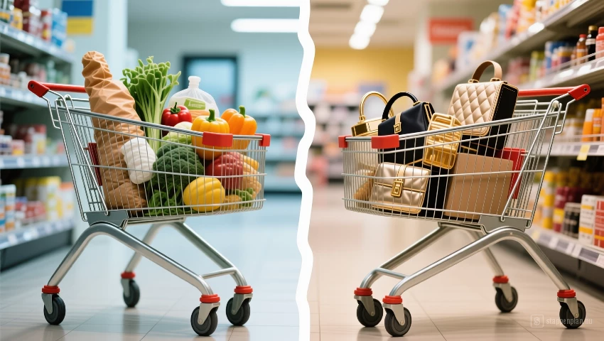 Boodschappenwagen met essentiële boodschappen en luxe artikelen.