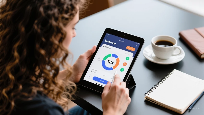 Persoon die een budgetteringsapp gebruikt op een tablet.