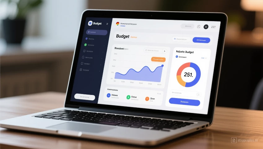 Laptop met een budgetteringsapp interface voor het aanpassen van het budget.