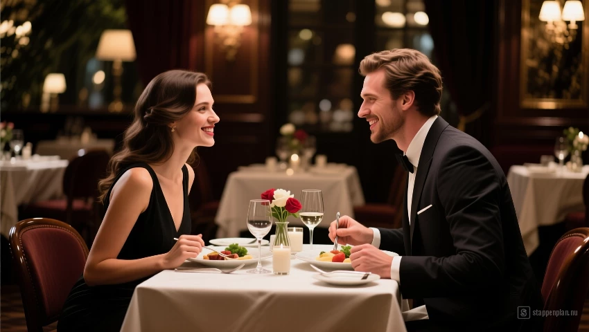 Stel geniet van diner in restaurant.