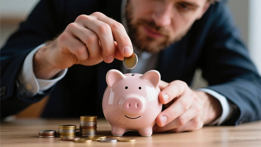 Persoon stopt geld in spaarvarken.