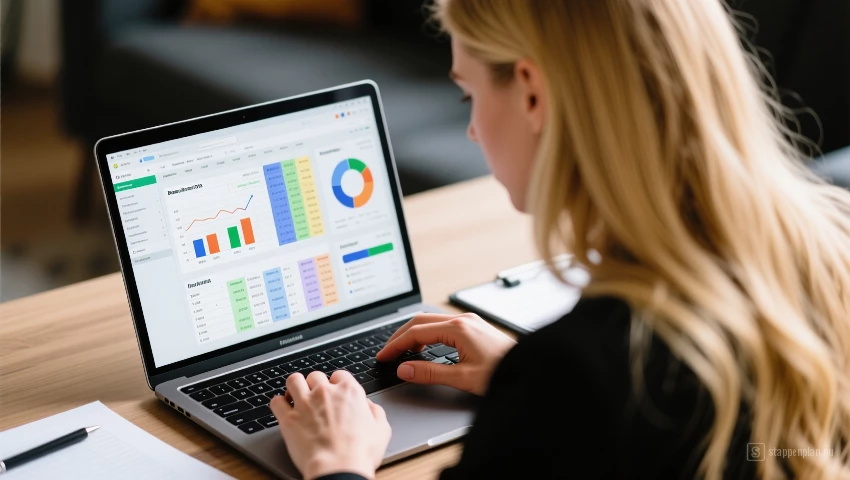 Persoon die budget analyseert op laptop.