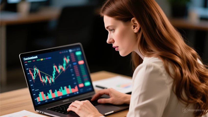 Vrouw analyseert aandelenkoersen.