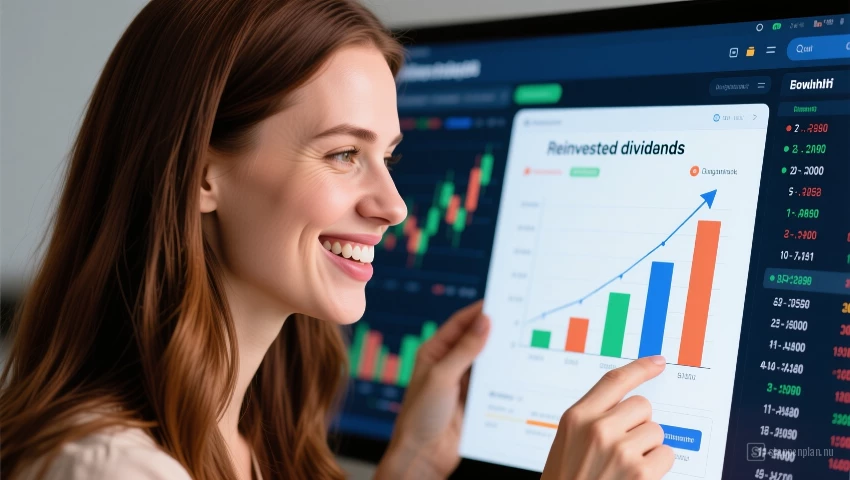 Vrouw bekijkt groei van portfolio met herinvesteerd dividend.