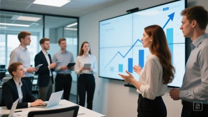 Jonge professionals in een moderne kantooromgeving bespreken groeiende grafieken.