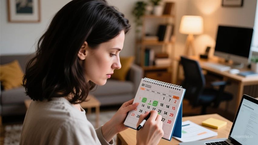 Vrouw gebruikt kalender om rentebetalingen bij te houden