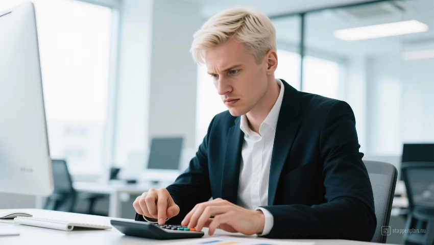 Persoon berekent rente met rekenmachine