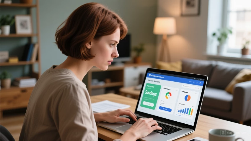 Vrouw vergelijkt spaarrekeningen op laptop