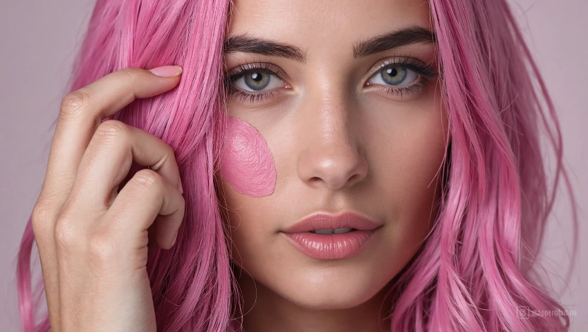 Vrouw brengt roze haarkrijt opnieuw aan.