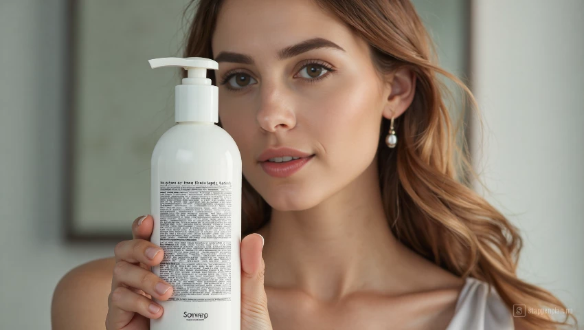 Vrouw onderzoekt de ingrediëntenlijst op een shampoofles
