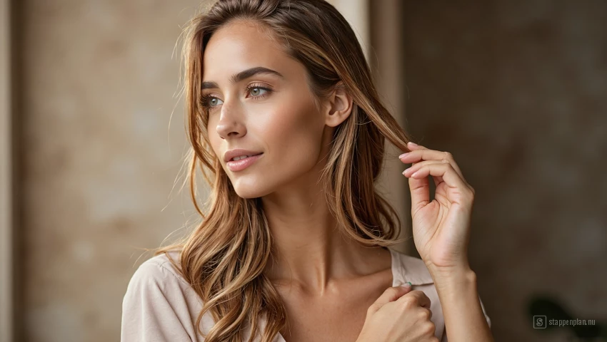 Vrouw borstelt haar lange haar om natuurlijke oliën te verspreiden