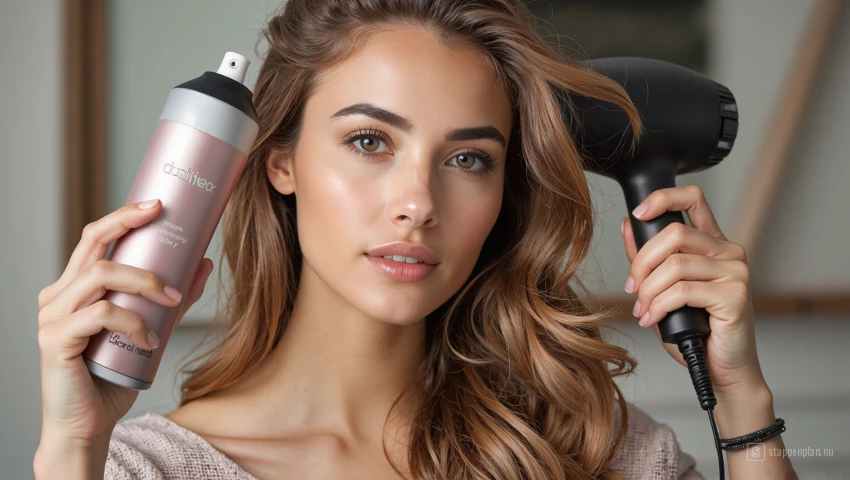 Vrouw brengt hitte beschermende spray aan op haar haar voordat ze een föhn gebruikt