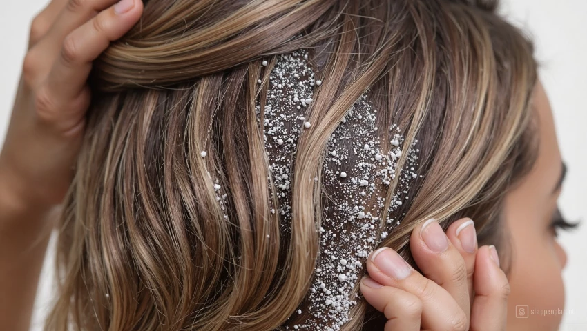 Close-up van haar met witte resten.