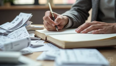 Hand die uitgaven noteert in een financieel dagboek.