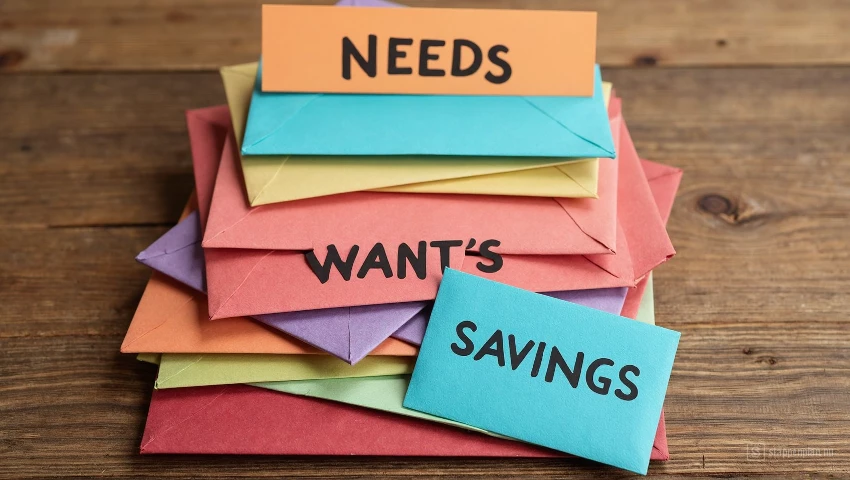 Enveloppen met labels voor behoeften, wensen en sparen.