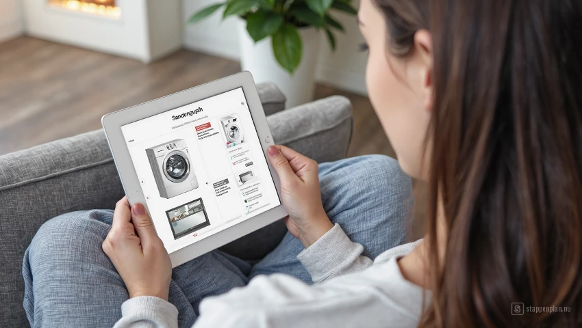 Persoon leest reviews over wasmachines.