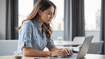 Vrouw vergelijkt brokers op haar laptop.