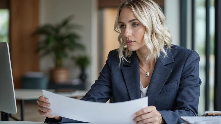 Vrouw controleert documenten voor een broker account.