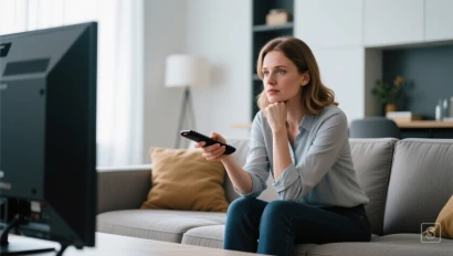 Vrouw kijkt naar TV instellingen