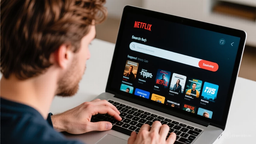 Man zoekt film op Netflix met laptop