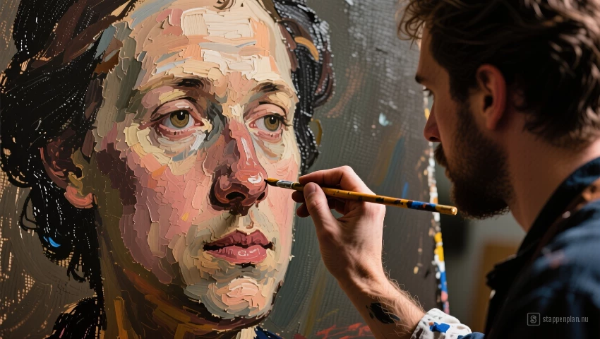 Schilder die de neus in een portret schildert.