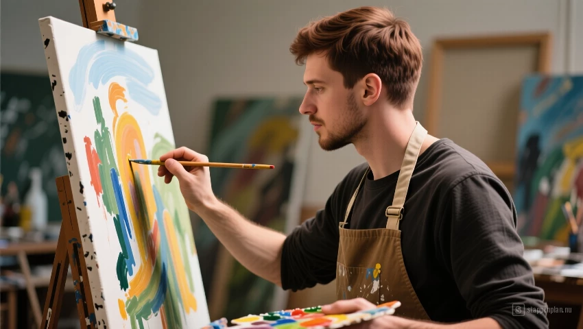 Man met overall die op een canvas schildert